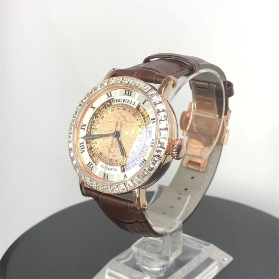 卸売 Bewell 高品質ダイヤモンド機械式メンズ亜鉛合金ゴールド腕時計カスタムロゴ本革ストラップ自動時計男性用